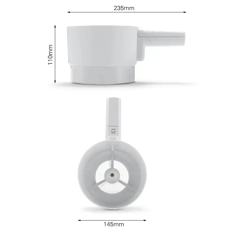 White plastic electric flour sifter shaker with handle and circular base for kitchen measuring and sifting tasks