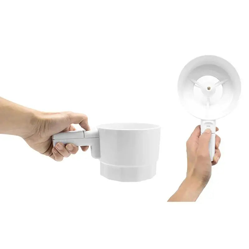 White plastic electric flour sifter shaker with detachable lid and handle for easy kitchen measuring use