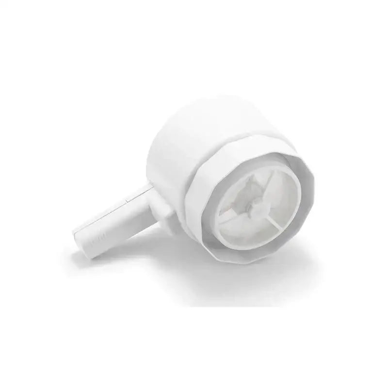 White plastic electric flour sifter shaker with cylindrical body and octagonal front housing for kitchen use