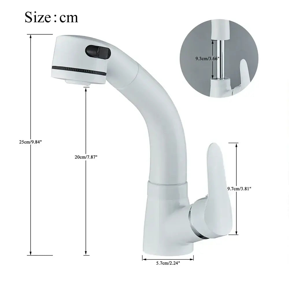 White plastic kitchen sink faucet with curved spout and black control knob suitable for bathroom sink use