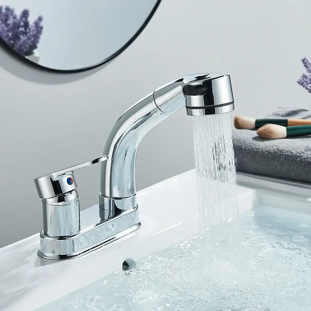 Chrome-finished modern bathroom sink faucet with curved spout and pull-down spray head for bathroom sink use
