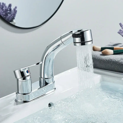 Chrome-finished modern bathroom sink faucet with curved spout and pull-down spray head for bathroom sink use