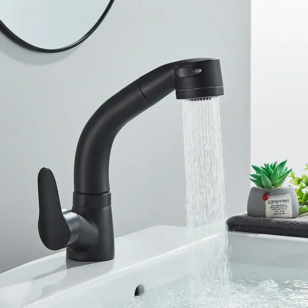 Black matte-finish kitchen sink faucet with sleek curved spout and integrated pull-down spray head for bathroom sink faucet use