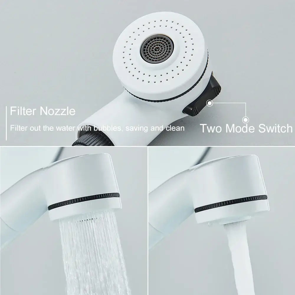White plastic kitchen sink faucet with curved spout and single lever featuring a white plastic filter nozzle and two-mode switch for adjustable flow
