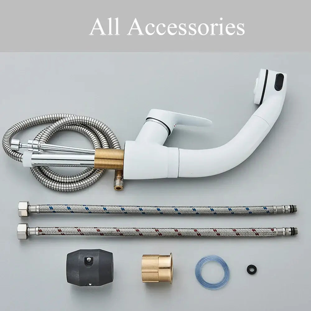 White plastic kitchen sink faucet with curved spout, flexible hose, and brass fittings for bathroom sink faucet use