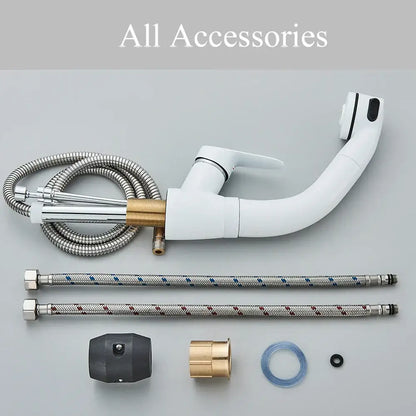White plastic kitchen sink faucet with curved spout, flexible hose, and brass fittings for bathroom sink faucet use