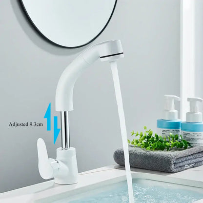 White plastic kitchen sink faucet with curved and adjustable spout featuring chrome accents for bathroom sink use