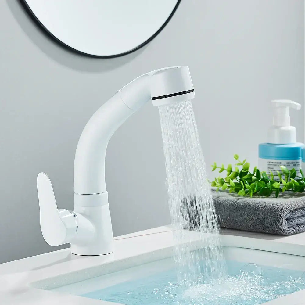 White plastic bathroom sink faucet with sleek curved spout and single lever handle for modern sink faucet use