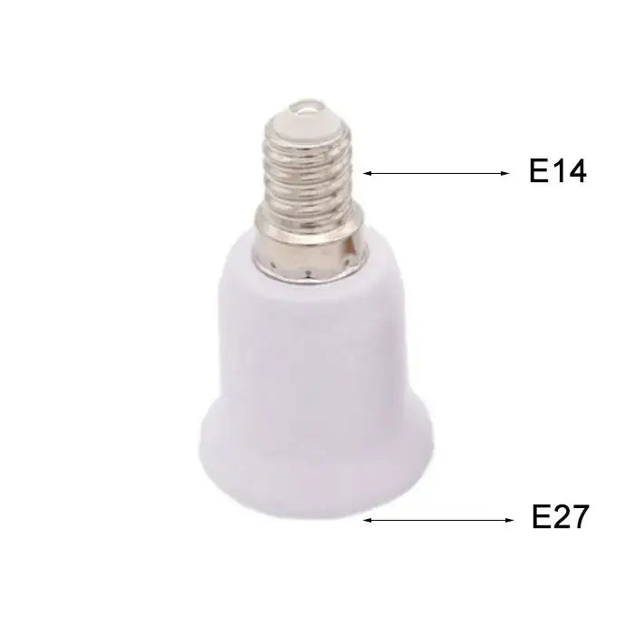 White plastic lamp base converter with metallic e14 base and e27 threaded connection for living room socket adapter