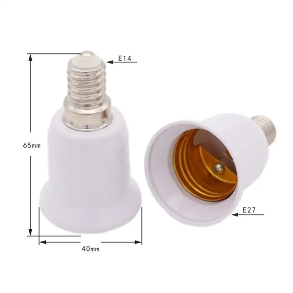 White plastic lamp base converter with metallic threaded ends for e14 to e27 socket adapter in living room use