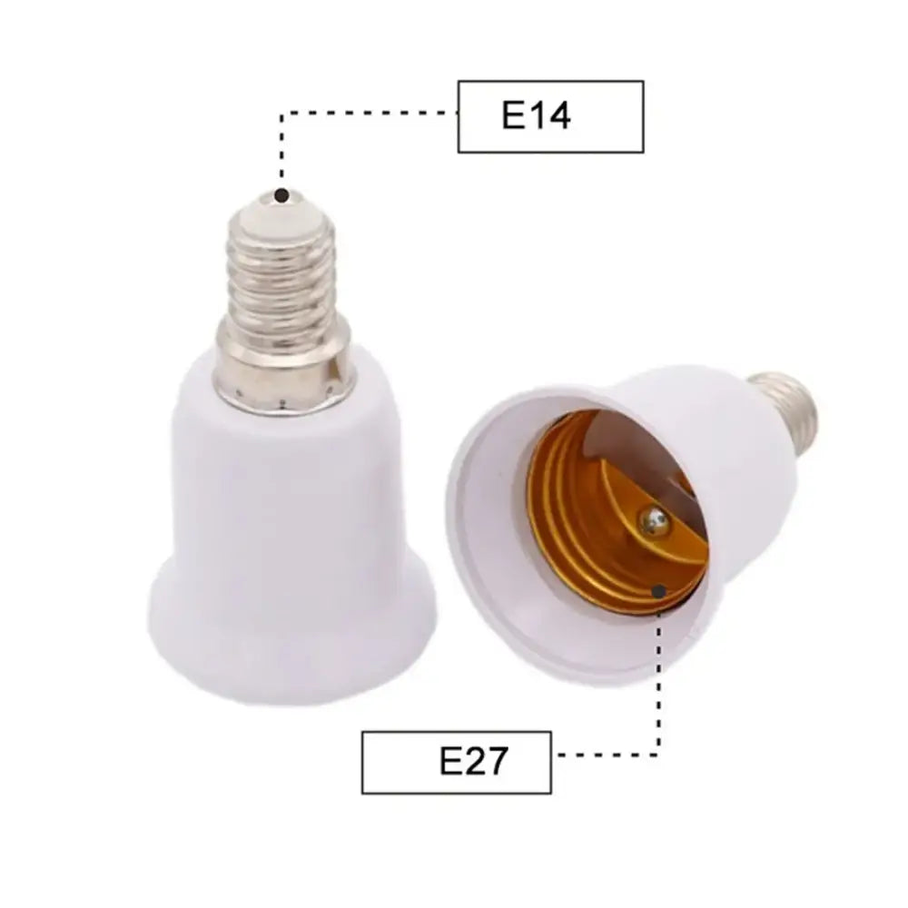 White plastic lamp base converter adapter with metallic threaded ends for e14 to e27 socket use in living room lamps