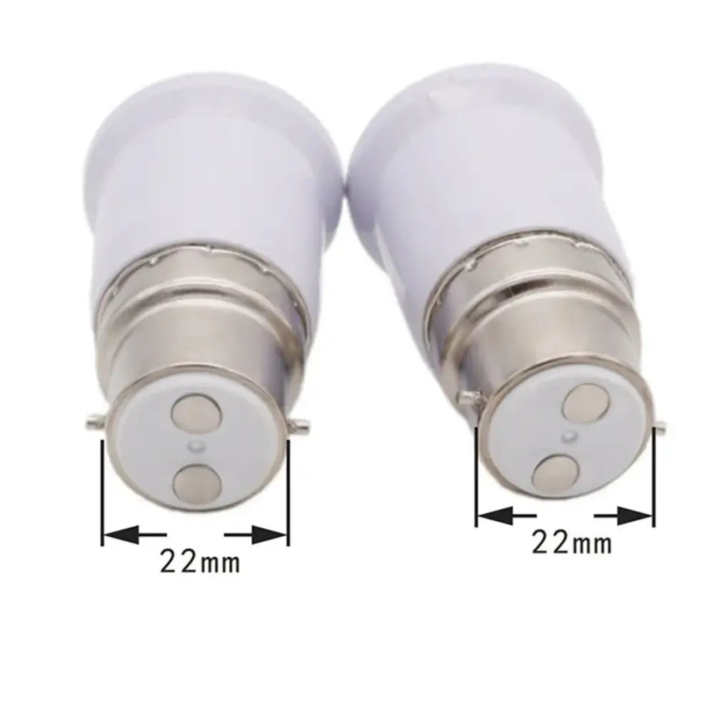 Two white led light bulbs with metallic b22 lamp base converters measuring 22mm for living room socket adapters