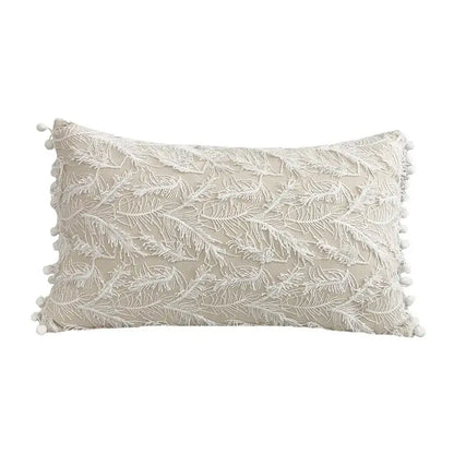 Beige rectangular cushion cover with white embroidered feather plum blossom butterfly pattern and pom-pom trim decorbites 3d plum