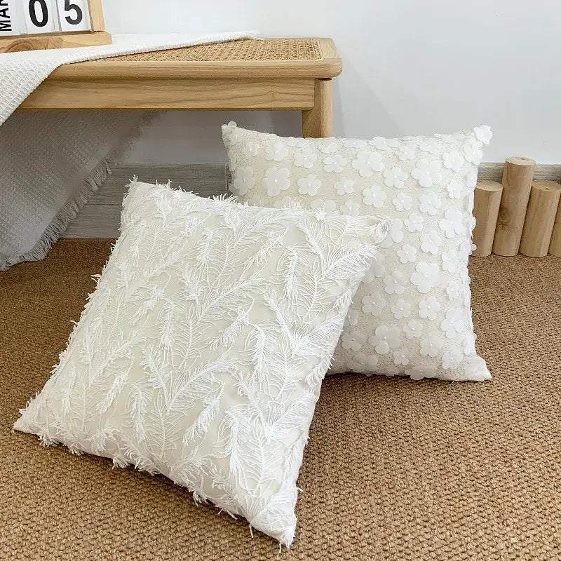 Two white cushion covers with delicate embroidered leaf and decorbites 3d plum blossom butterfly appliqués for living room decor