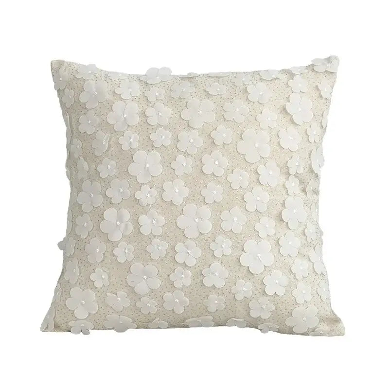 Off-white square cushion cover with delicate 3d white floral appliqués decorbites 3d plum blossom butterfly design
