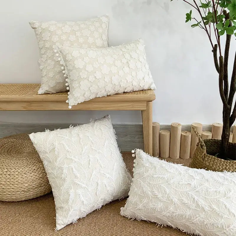 White plum blossom butterfly cushion cover with textured floral and leaf patterns tassels for living room decorbites 3d plum