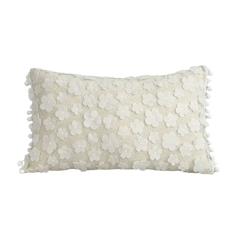 Cream-colored rectangular cushion cover with white floral appliqués and pom-poms for plum blossom butterfly decorbites 3d plum decor