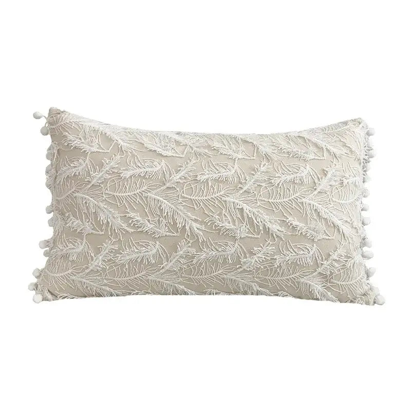 Beige rectangular cushion cover with white embroidered feather pattern and pom-pom trim for living room decorbites 3d plum blossom butterfly design