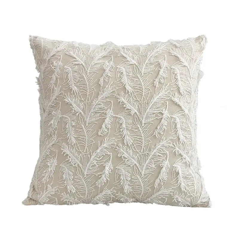 Beige cushion cover with white feather embroidery and frayed edges featuring decorbites 3d plum blossom butterfly design