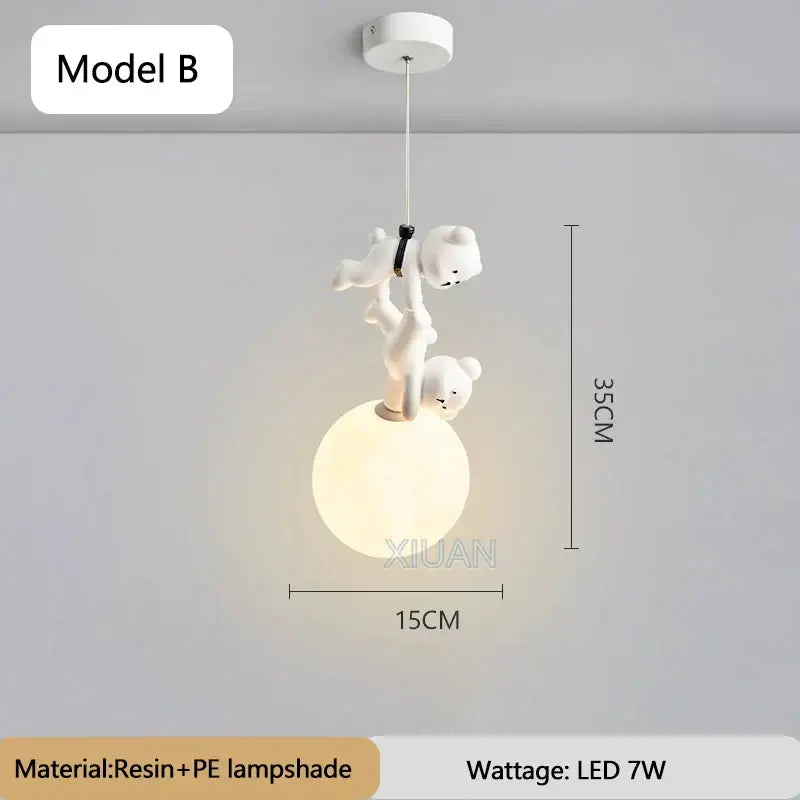 White resin pendant lamp with three bear figurines climbing a spherical shade for nursery room decor