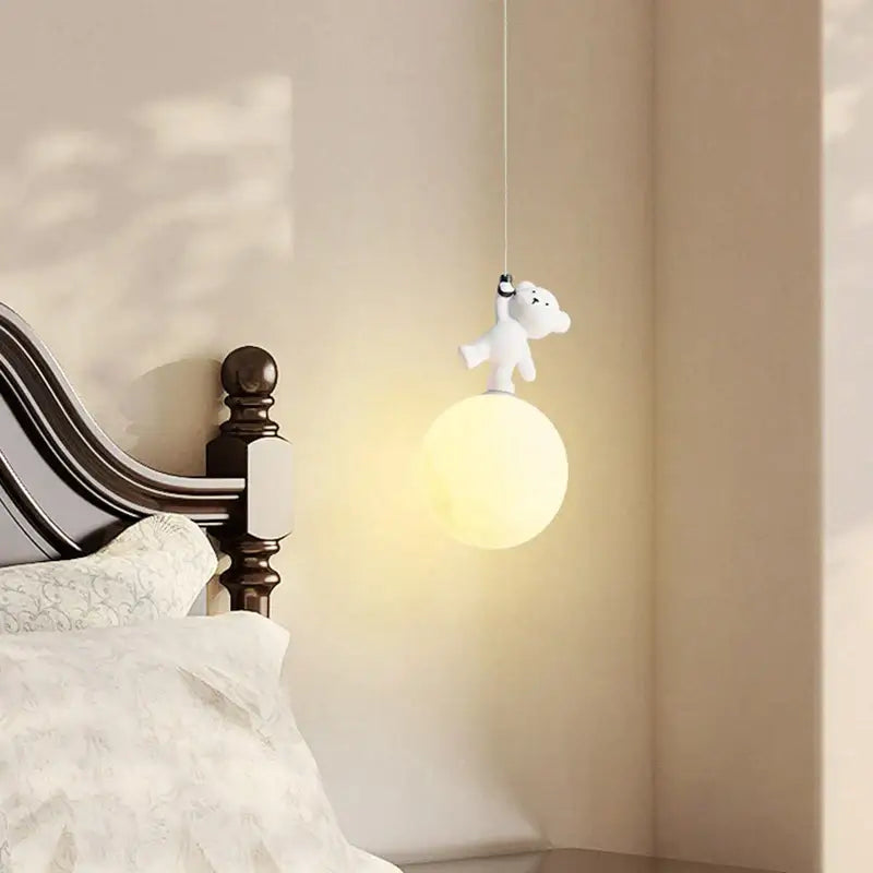 White plush bear moon pendant lamp with soft glowing sphere for nursery room bear nursery room lighting
