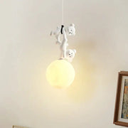 White plush bear pendant lamp featuring two bears climbing a glowing moon for a nursery room or bear nursery room