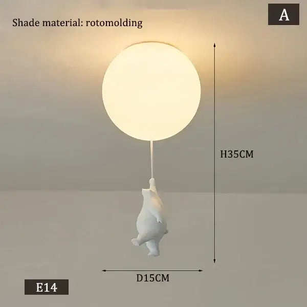 White polar bear ceramic pendant light with rotomolded balloon shape and cord pendant for kids bedroom