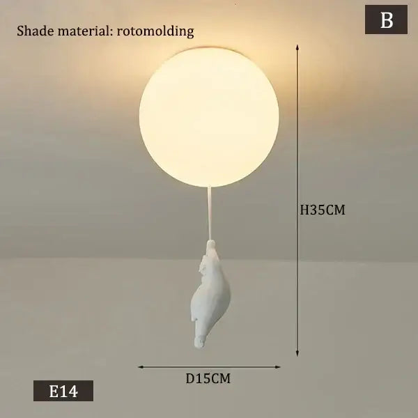 White polar bear ceramic pendant light with cord pendant and dangling seal figurine for kids bedroom ceiling lighting