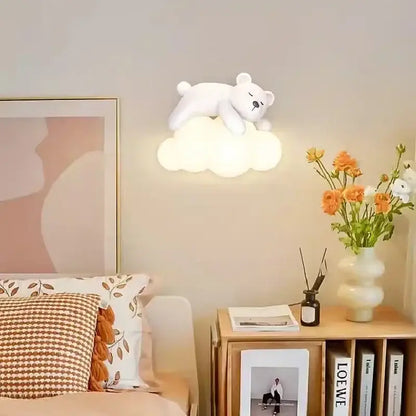 White polar bear led wall lamp with warm cloud base emits soft light for childrens bedroom lighting
