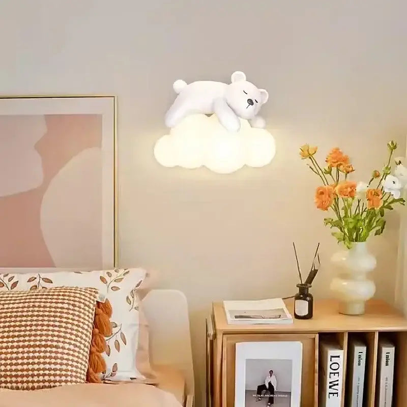 White polar bear led wall lamp with warm cloud base emits soft light for childrens bedroom lighting