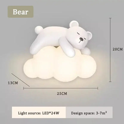 White plush bear led wall lamp resting on a cloud base providing warm light for childrens bedroom