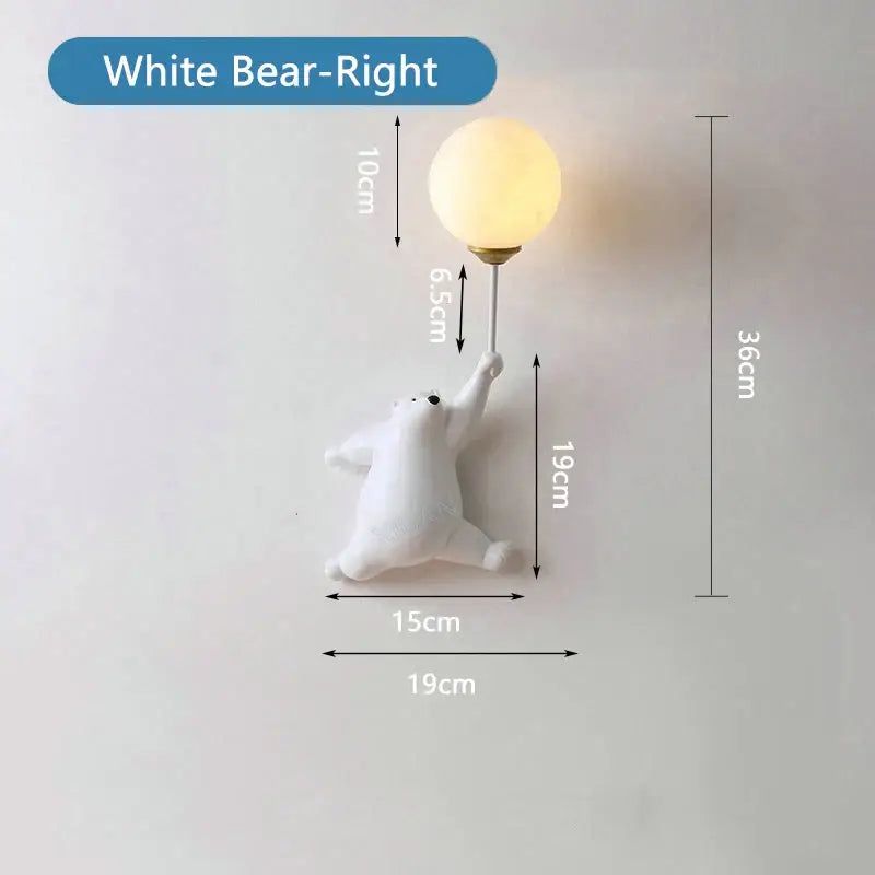 White polar bear night light with a warm-toned spherical glass bulb and metallic stem for kids bedroom