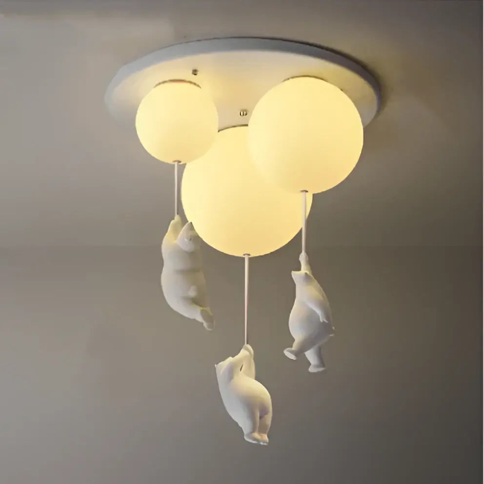 White polar bear resin pendant light with three spherical bulbs in white ceramic for childrens room ceiling fixture