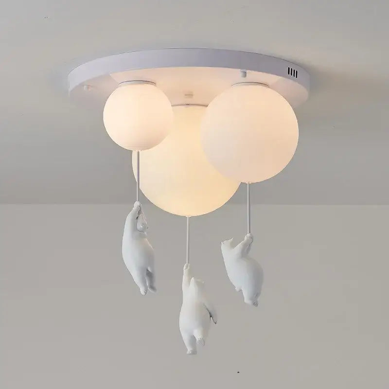 White ceramic polar bear resin pendant light with three frosted glass shades for childrens room ceiling lighting