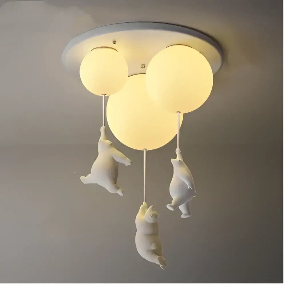 White polar bear resin pendant light with three spherical bulbs in ceramic for childrens room ceiling fixture
