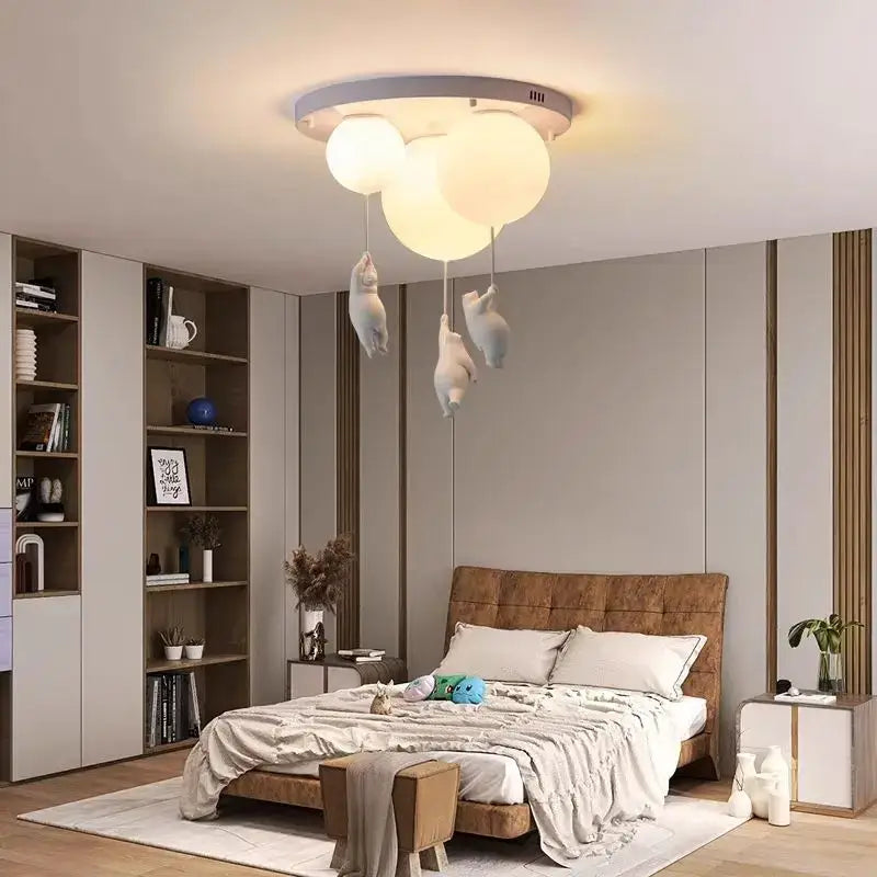Modern white polar bear resin pendant light with three soft white bulbs for childrens room decor