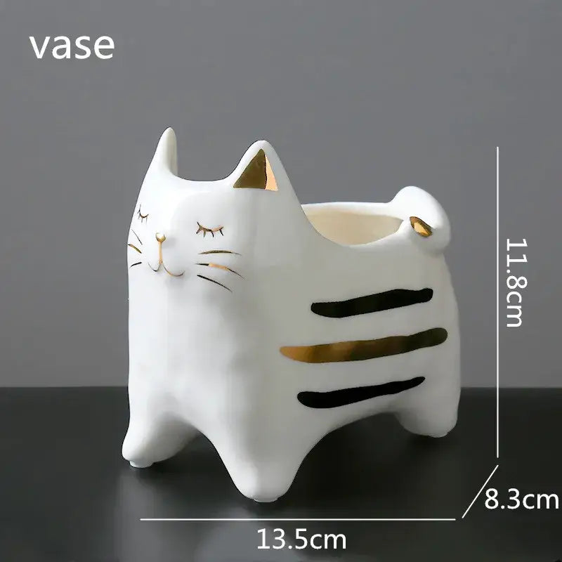 White porcelain decorbites cat vase with gold-trimmed ears and black stripes for living room decor ornament