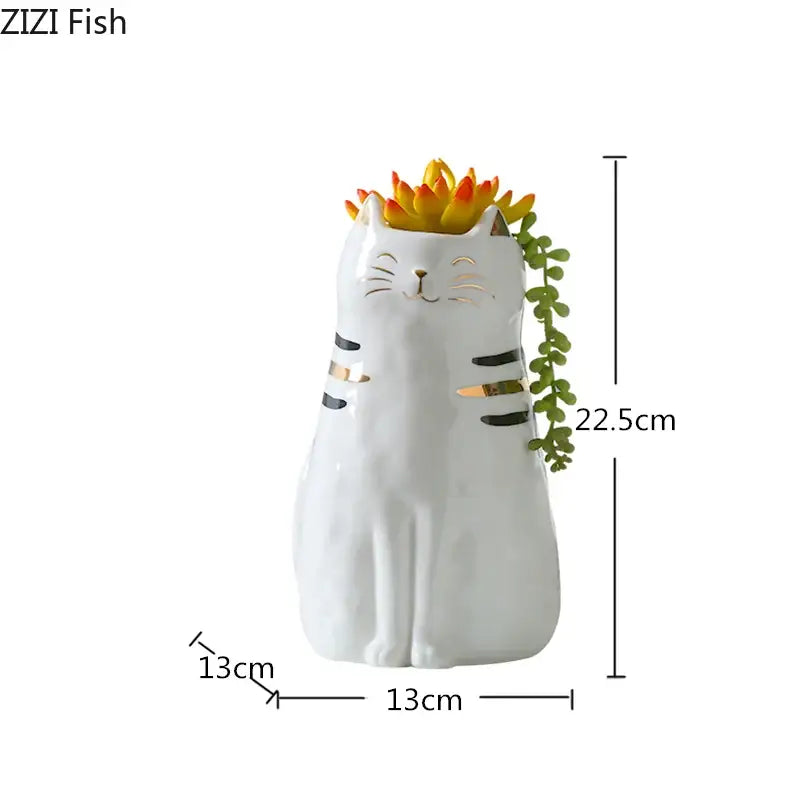 White porcelain decorbites cat vase with gold trim black stripes smiling face and upright ears for living room decor