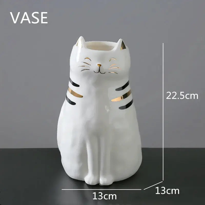 White porcelain cat vase with black and gold stripes decorbites cat vase for living room decor ornament