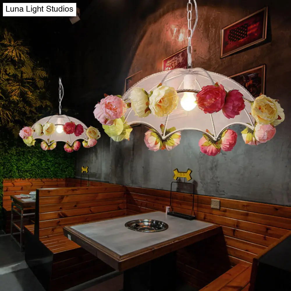 White PVC Umbrella Pendant Light with Hanging Artificial Flower Deco - 1 Light Antiqued