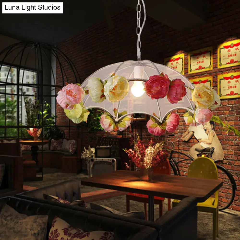 White PVC Umbrella Pendant Light with Hanging Artificial Flower Deco - 1 Light Antiqued