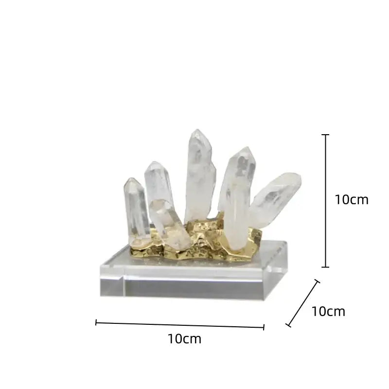 White quartz crystal stone marble ornament cluster on gold-toned base with acrylic stand for living room decor