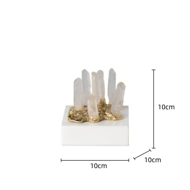 White quartz crystal stone marble ornament with translucent crystals on gold metal base for living room decor
