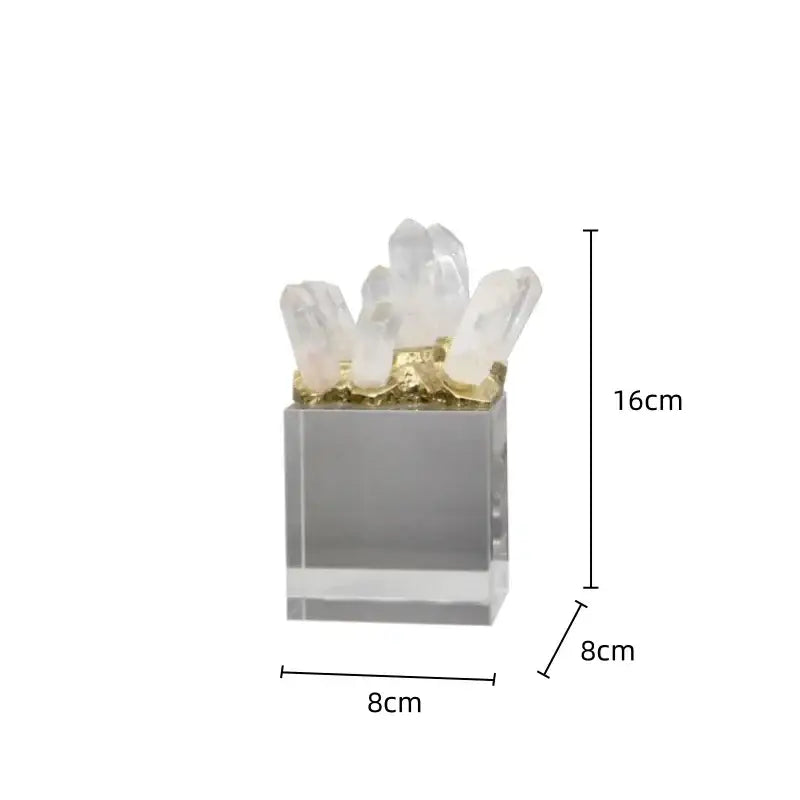 White quartz crystal stone marble ornament set with translucent crystals on clear acrylic and gold-toned metal base