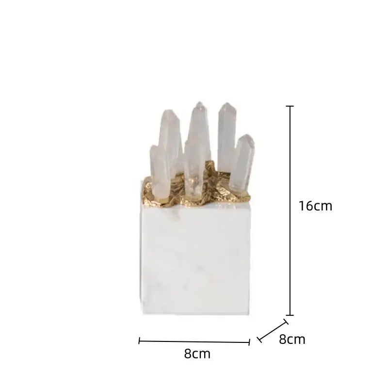 White quartz crystal stone marble ornament with golden leaf accents holding translucent quartz crystals for living room decor