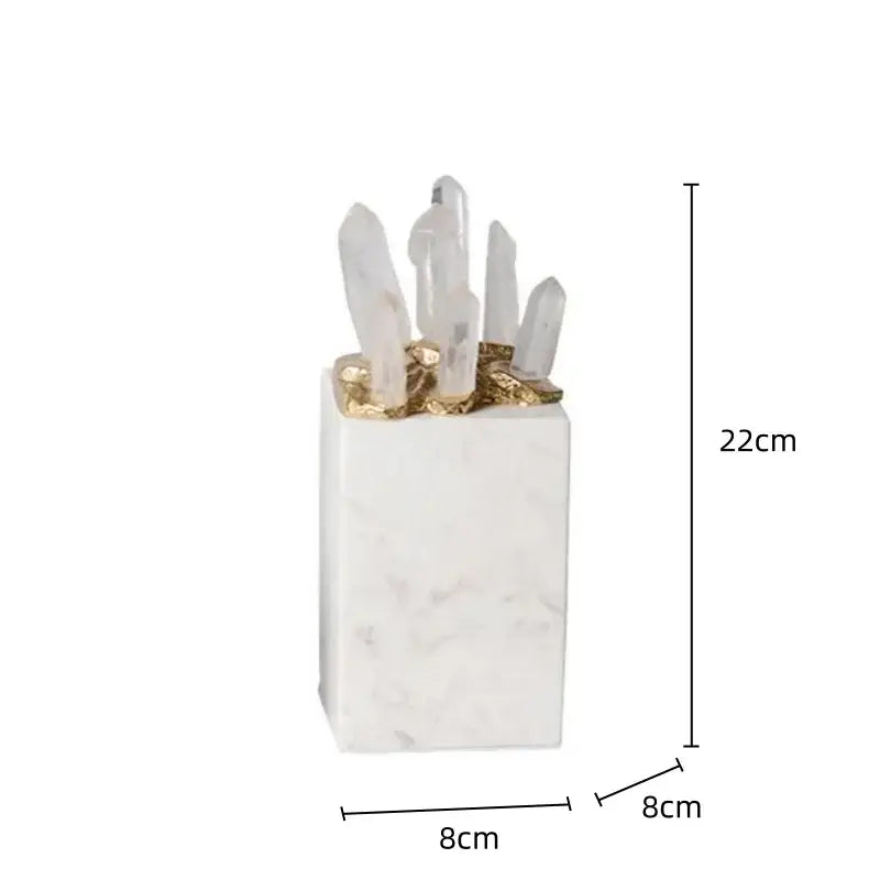 White quartz crystal stone marble ornament with white marble base and gold leaf accents for living room decor