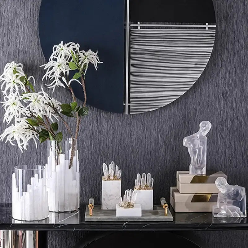 Tall transparent glass vase with vertical white crystal stone marble columns for modern living room decor