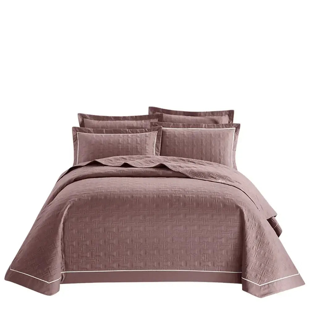 Brown quilted cotton coverlet bedspread set with subtle woven pattern and white piping for bedroom decorbites decor