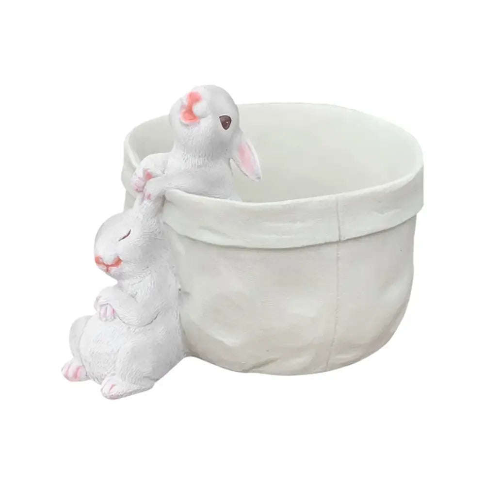 White resin bunny succulent planter pot featuring two adorable bunny figurines for garden rabbit decorbites decor