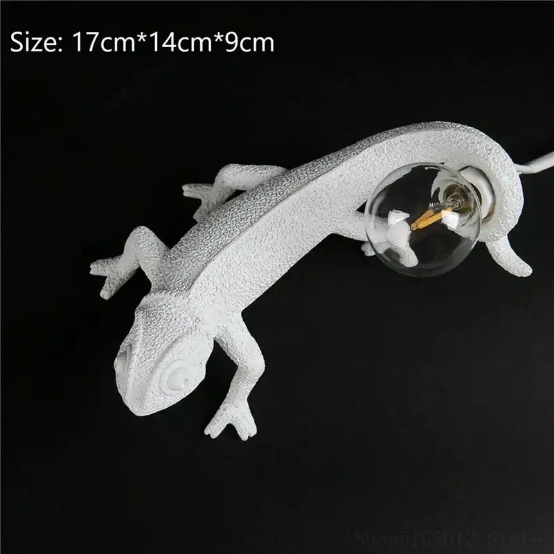 White resin chameleon night light with textured scaly surface and integrated glass bulb for bedroom reading decorbites chameleon